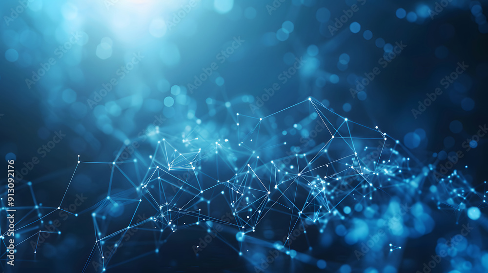Abstract blue technology background with a cyber network grid and connected particles. Artificial neurons, global data connections design
