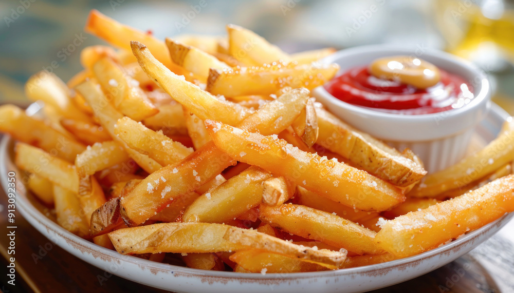 A plate of delicious french fries served with ketchup and mustard sauce is a popular fast food dish A plate of delicious french fries served with ketchup and mustard sauce is a popular fast food dish
