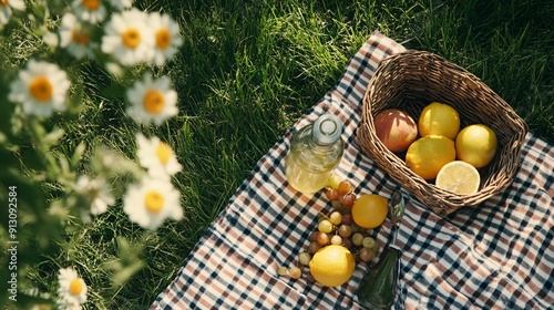 A summer picnic flat lay with a woven basket, fresh fruits, a checkered blanket, and a bottle of lemonade on grass, evoking a sunny day outdoors, copy space