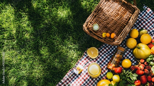A summer picnic flat lay with a woven basket, fresh fruits, a checkered blanket, and a bottle of lemonade on grass, evoking a sunny day outdoors, copy space