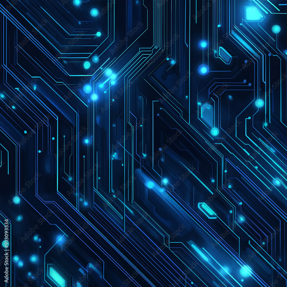Futuristic blue circuit board with glowing dots on a dark background Futuristic blue circuit board with glowing dots on a dark background