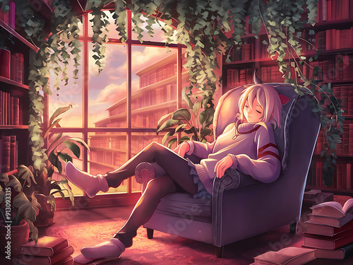 An anime character in a cozy library surrounded by books and plants.