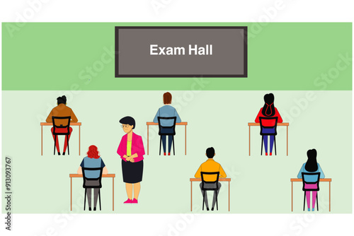 College students are taking examinations and the Teacher supervises in the exam hall. Vector cartoon illustration.