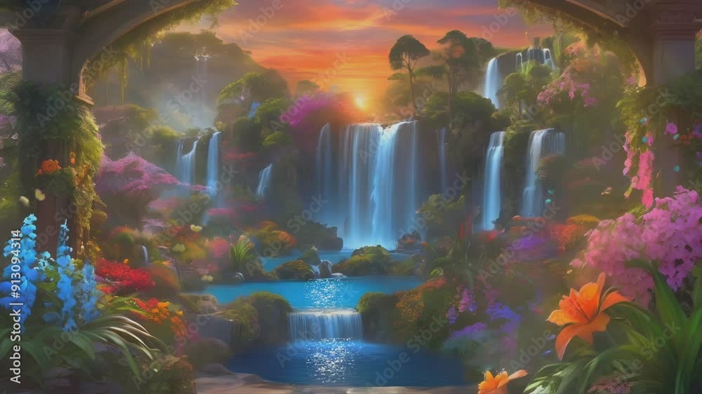 the fantasy beauty of the Eden garden waterfall with very beautiful colorful flowers