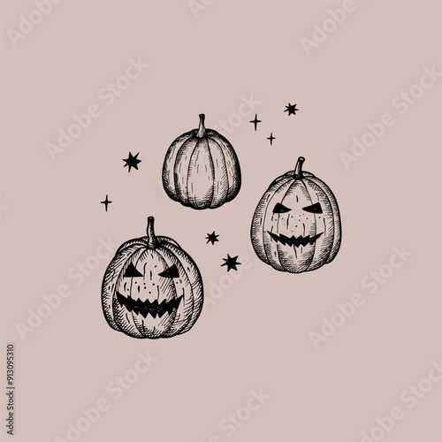 Halloween card design with decorative engraved pumpkins and stars.
 Hand drawn vector autumnal illustration in vintage style. Decorative festive fall background for stickers, flyer, congratulation 