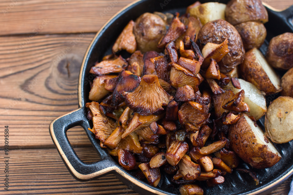 Fried chanterelle mushrooms with potatoes in a uniform on a plate. Serving the dish Fried chanterelle mushrooms with potatoes in a uniform on a plate. Serving the dish