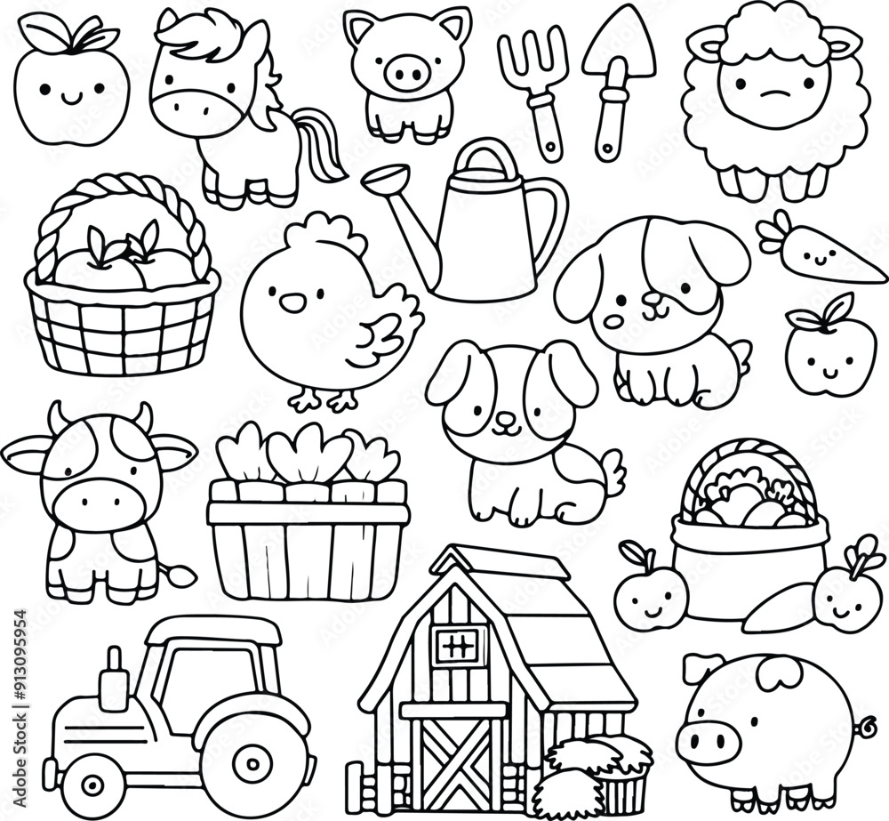 Outline vector illustration of farm animals including cow, horse, pig, chicken, duck, sheep, lamb, llama. Barn animals line art for coloring - Vector set Outline vector illustration of farm animals including cow, horse, pig, chicken, duck, sheep, lamb, llama. Barn animals line art for coloring - Vector set