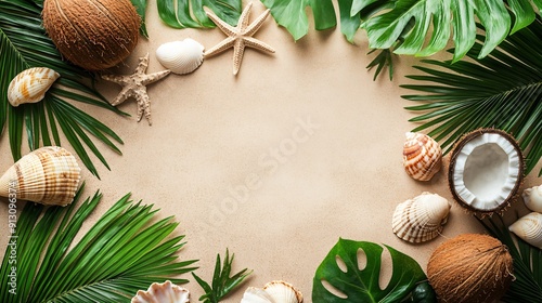 A tropical flat lay with vibrant green palm leaves, coconuts, seashells, and starfish on a sandy background, evoking a beach vacation vibe, copy space