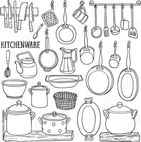 Hand drawn cooking tools. Kitchen equipment kitchenware utensils vintage sketch collection - vector set