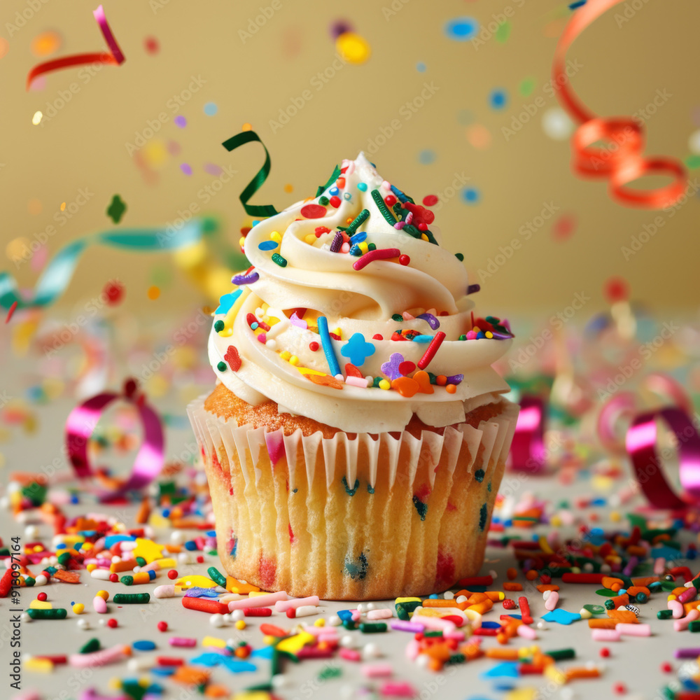 A Single Cupcake with Sprinkles and Confetti Surrounded by More Sprinkles A Single Cupcake with Sprinkles and Confetti Surrounded by More Sprinkles