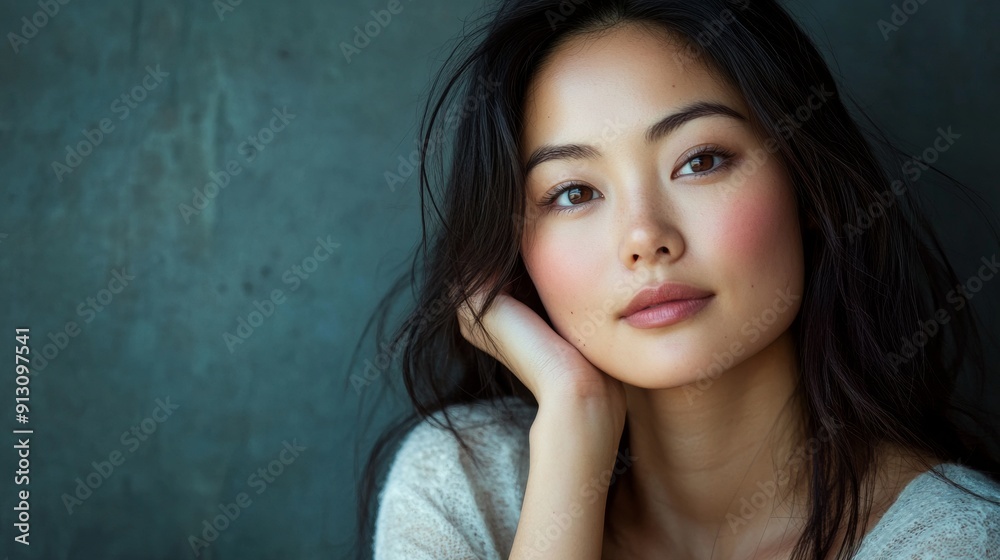 A woman with long dark hair and a pale pink lip color A woman with long dark hair and a pale pink lip color