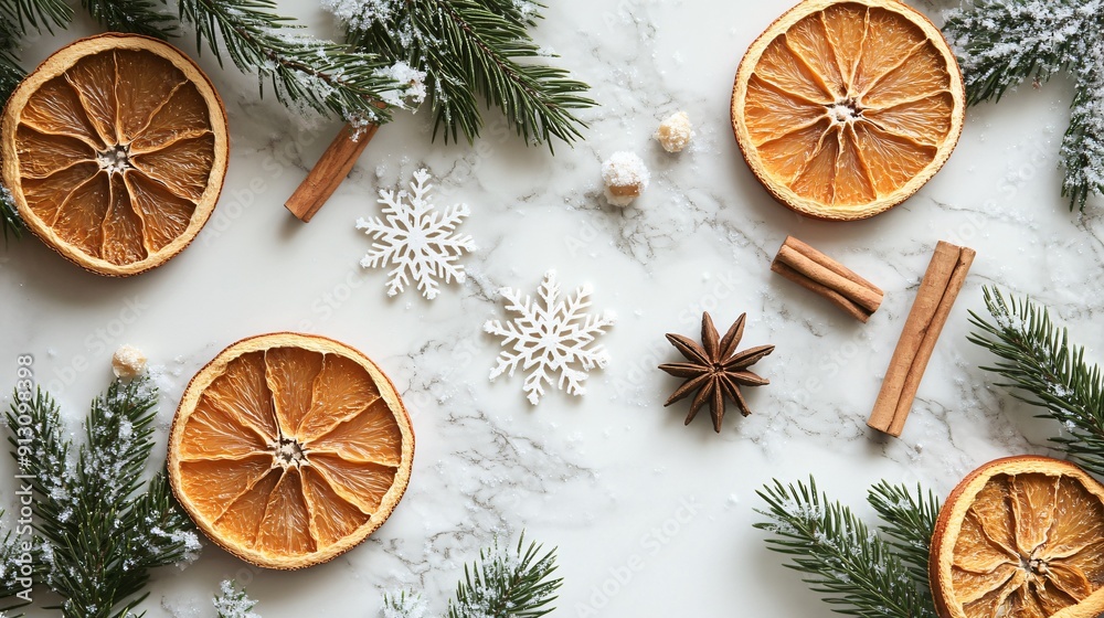 A winter-themed flat lay with pine branches, snowflakes, dried orange slices, and cinnamon sticks on a white marble surface, creating a festive holiday scene, copy space A winter-themed flat lay with pine branches, snowflakes, dried orange slices, and cinnamon sticks on a white marble surface, creating a festive holiday scene, copy space