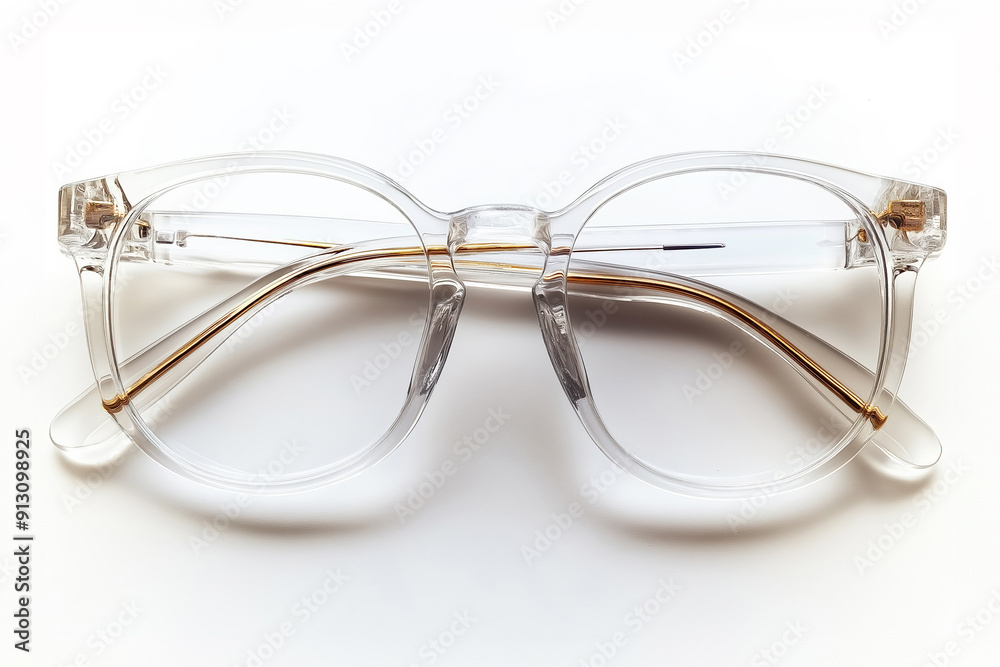 Pair of round eyeglasses with clear frame lying on white background Pair of round eyeglasses with clear frame lying on white background