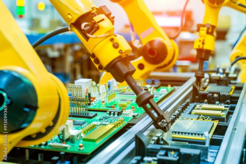 A robot is working on a circuit board. The robot is yellow and has a black head A robot is working on a circuit board. The robot is yellow and has a black head