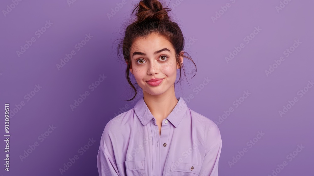Woman with Quirky Expression on Purple Background Woman with Quirky Expression on Purple Background