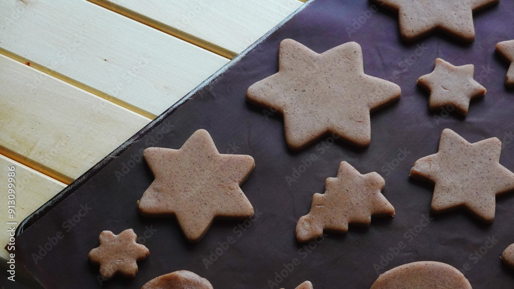 Raw Cinnamon Cookies Shaped Stars Trees Close-Up Brown