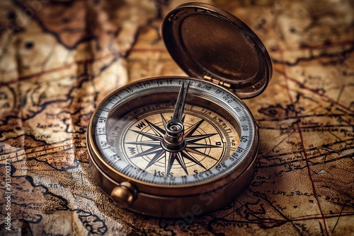 Nostalgic Close-Up of an Antique Compass on a Weathered Map