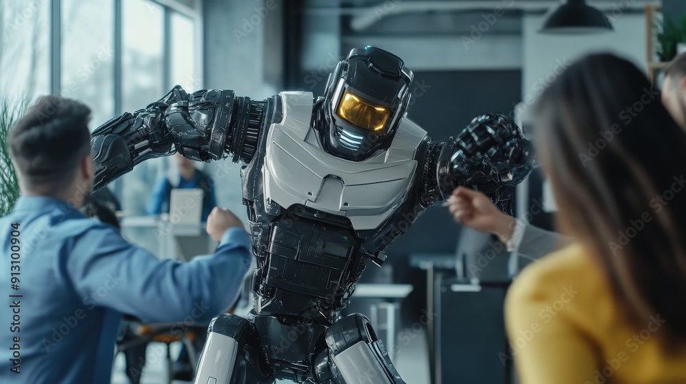 A robotic assistant interacts and demonstrates skills with colleagues in a bright, contemporary office setting filled with plants A robotic assistant interacts and demonstrates skills with colleagues in a bright, contemporary office setting filled with plants
