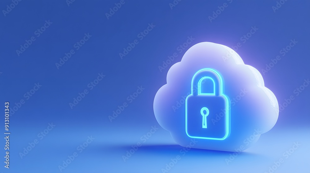 Digital cloud security concept with glowing lock icon, representing data protection and online privacy, blue background. Digital cloud security concept with glowing lock icon, representing data protection and online privacy, blue background.