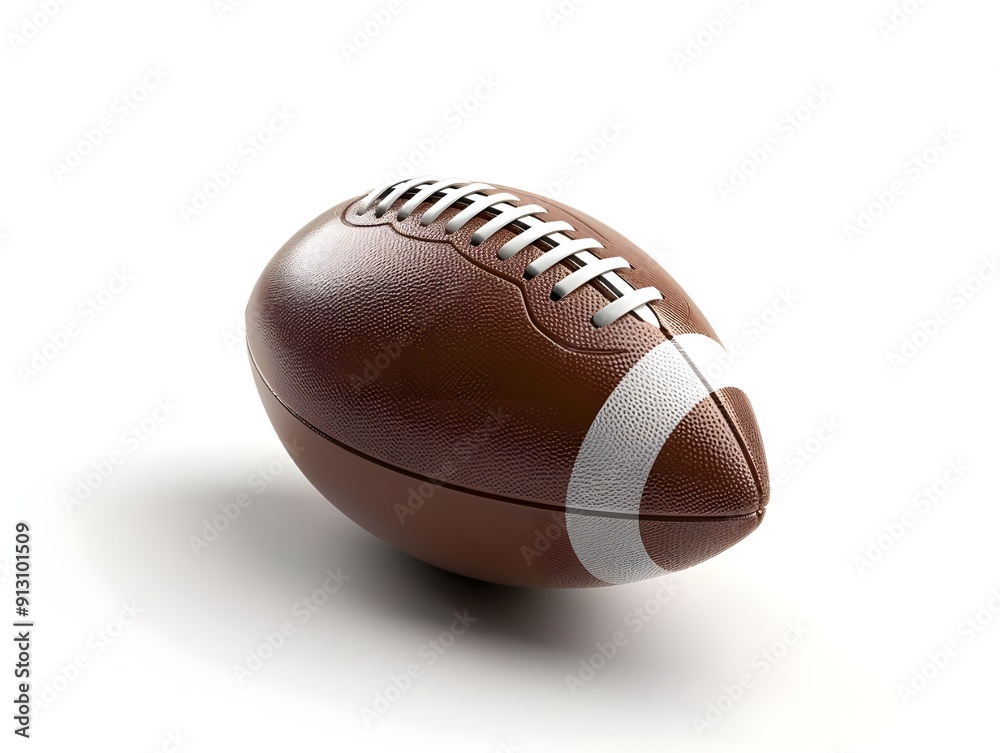 A brown American football with white stripes on the side, isolated in front of a pure white background. The ball is centered and appears to be floating against the solid color.