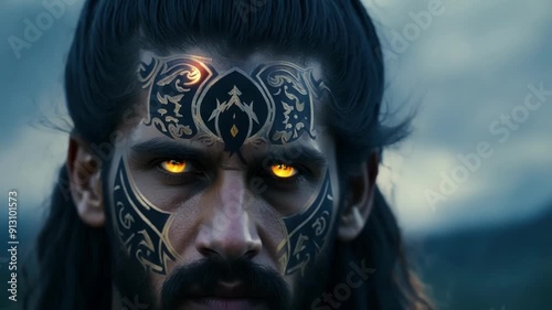 The piercing gaze of a warrior their face adorned with intricate markings symbolizing their role as a bringer of light and justice.