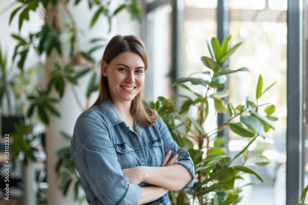A woman is posing for a picture in front of a plant. She is smiling and has her arms crossed A woman is posing for a picture in front of a plant. She is smiling and has her arms crossed