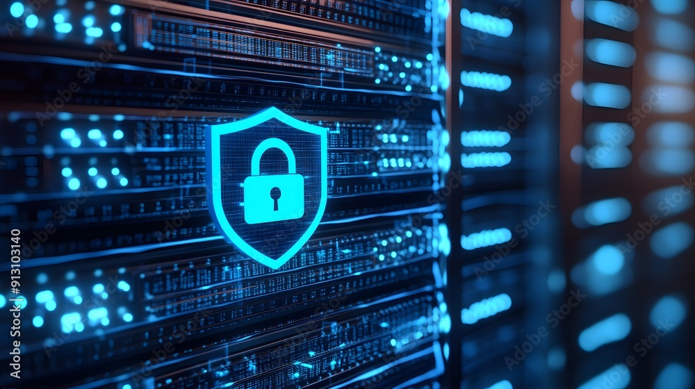 Digital data protection concept with a glowing lock icon on server racks, emphasizing cybersecurity and information security. Digital data protection concept with a glowing lock icon on server racks, emphasizing cybersecurity and information security.
