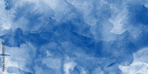Pastel color grainy gradient background with watercolor, Digital art painting on paper with splashes, Blue watercolor technique on watercolor paper with stains and splashes.
