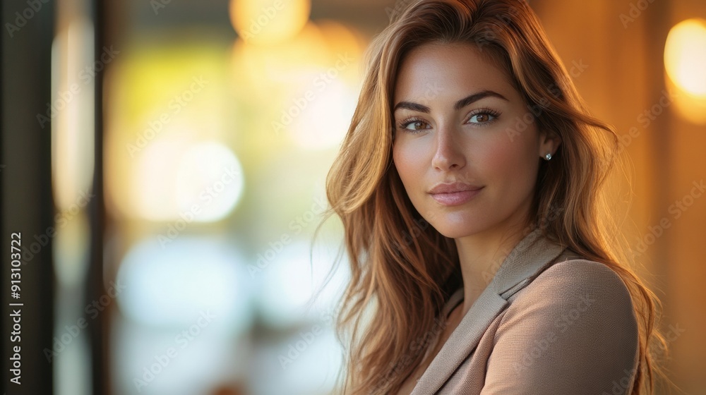 Fototapeta premium A woman with long brown hair and a tan jacket is smiling for the camera