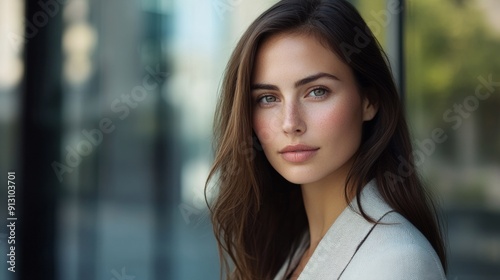 A woman with long brown hair and a white blazer is standing in front of a window Free Download A woman with long brown hair and a white blazer is standing in front of a window - GFXLoad