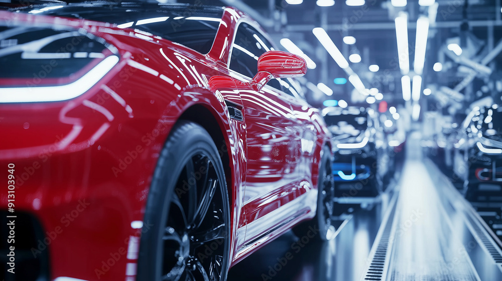 Engineers and robotic hands working in harmony to assemble cars in a futuristic, clean manufacturing plant Engineers and robotic hands working in harmony to assemble cars in a futuristic, clean manufacturing plant