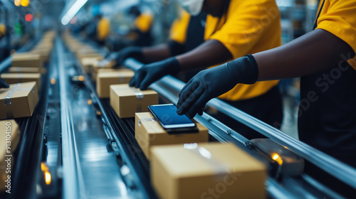 Precision hands inserting boxed smartphones into cartons on a modern, automated assembly line