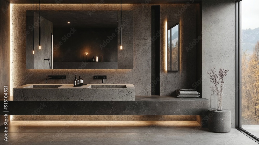 Brutalist Bathroom with Concrete Sink, Exposed Piping, Large Mirrors, and Minimalist Fixtures Showcasing Raw Industrial Design Elements. Brutalist Bathroom with Concrete Sink, Exposed Piping, Large Mirrors, and Minimalist Fixtures Showcasing Raw Industrial Design Elements.