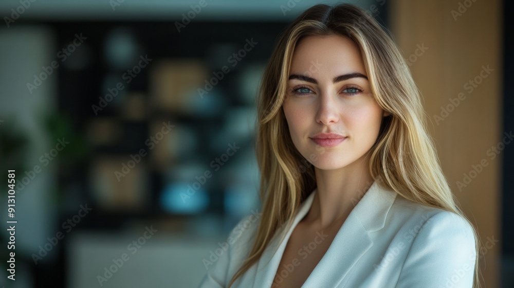 A woman with blonde hair and a white jacket is smiling for the camera A woman with blonde hair and a white jacket is smiling for the camera
