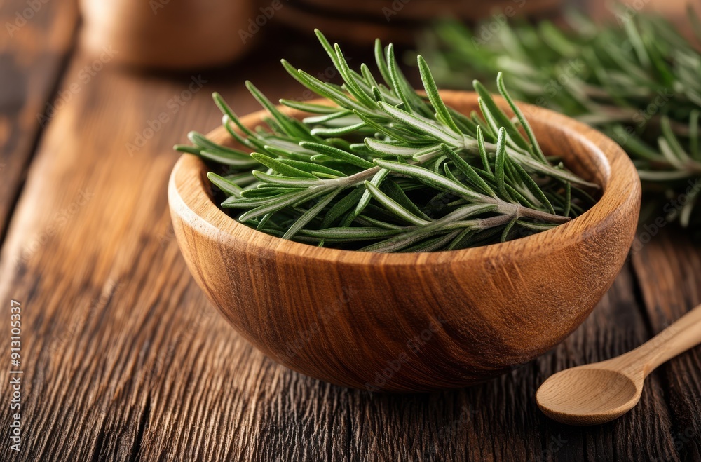 wooden bowl with fresh rosemary herbs, sitting on an old rustic table wooden bowl with fresh rosemary herbs, sitting on an old rustic table