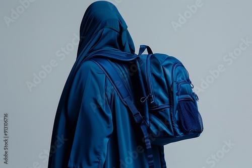 isolated of a gulf arab woman carrying a backpack viewed from behind photo