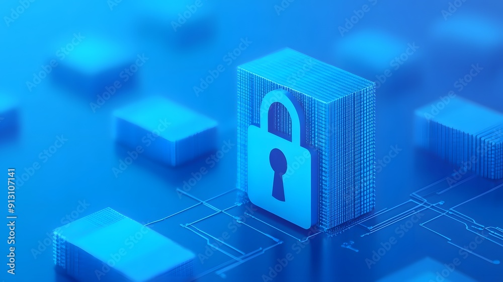 Digital security concept with a blue lock icon on a 3D blockchain network. Safer data encryption and cybersecurity for technology. Digital security concept with a blue lock icon on a 3D blockchain network. Safer data encryption and cybersecurity for technology.