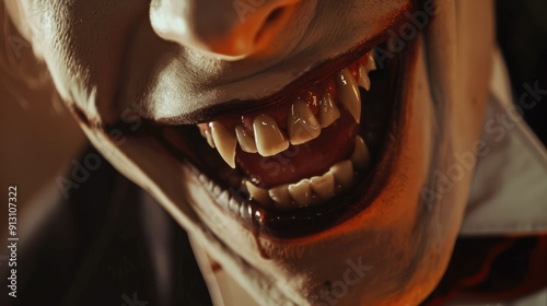 Close-up of the vampire smile. Scary vampire. AI generated.