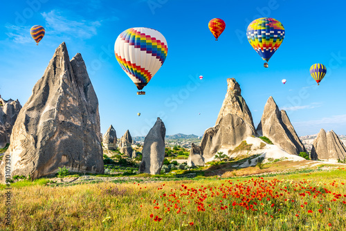 The great tourist attraction of Cappadocia - balloon flight. Cappadocia is known around the world as one of the best places to fly with hot air balloons. Goreme, Cappadocia, Turkey