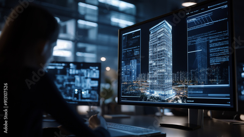 Detailed 3D BIM model of a skyscraper, with architects and engineers working collaboratively in the background