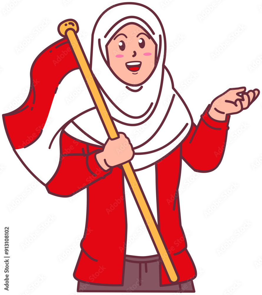 A woman wearing a hijab carries the Indonesian flag, happy Indonesian independence day A woman wearing a hijab carries the Indonesian flag, happy Indonesian independence day