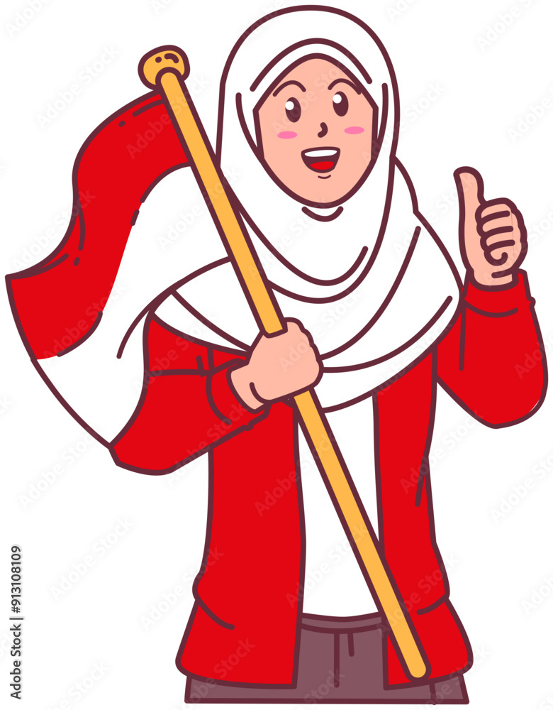 A woman wearing a hijab carries the Indonesian flag, happy Indonesian independence day A woman wearing a hijab carries the Indonesian flag, happy Indonesian independence day