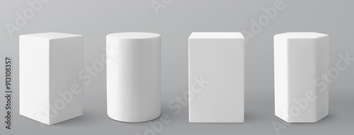 White plinth podium base platform. 3d round blank stand pedestal for product presentation. 