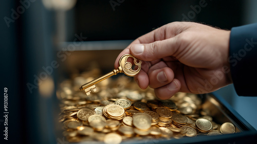 A close-up of a hand holding a golden key unlocking a treasure chest.