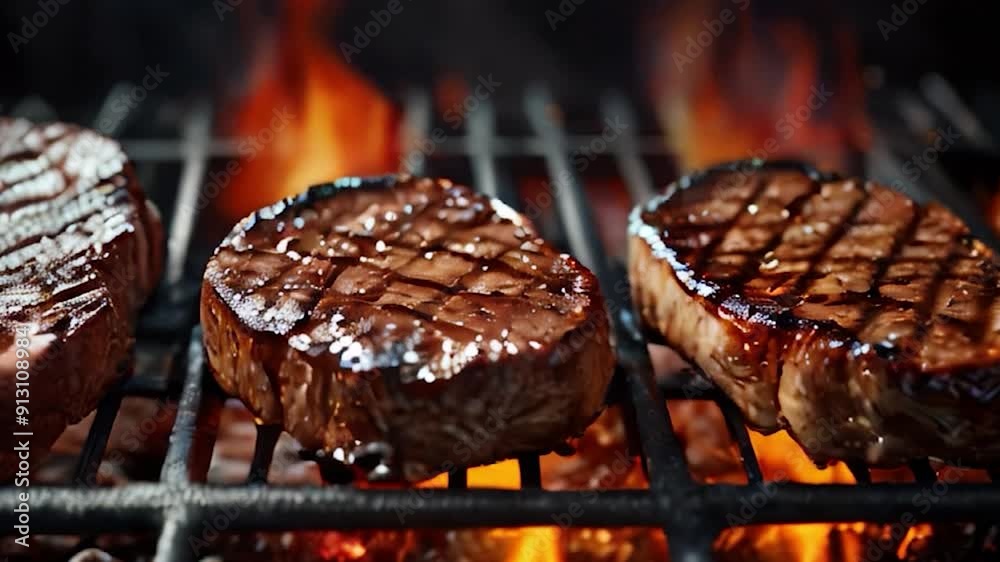 Three Steaks Grilling over Flames on a Barbecue Grill Three Steaks Grilling over Flames on a Barbecue Grill