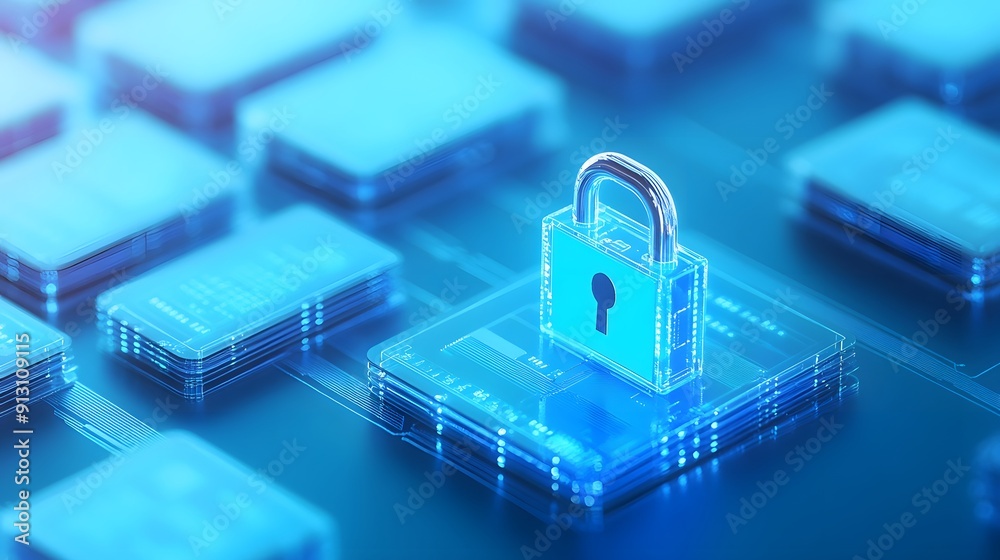Fototapeta premium Digital security concept with padlock and futuristic background, representing data protection and cybersecurity in technology industry.