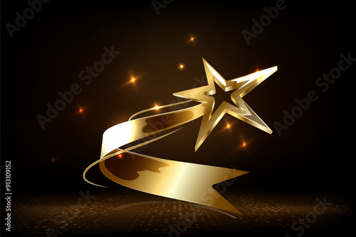Award ceremony background with 3d gold star and ribbon element and glitter light effect decoration.