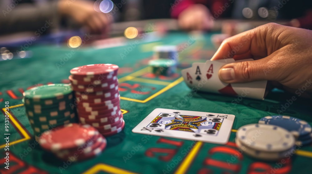 Poker table scene in a casino setting. Poker chips are stacked on a green poker cloth. Playing cards are laid out in front of the chips. Poker table scene in a casino setting. Poker chips are stacked on a green poker cloth. Playing cards are laid out in front of the chips.