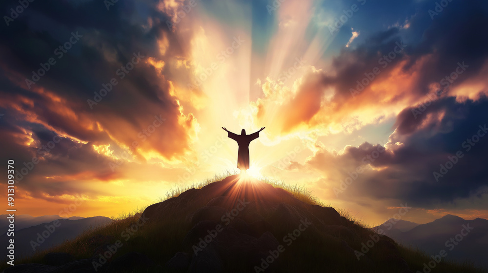 Jesus standing on a hill, arms raised to the heavens, with rays of divine light streaming down upon him Jesus standing on a hill, arms raised to the heavens, with rays of divine light streaming down upon him