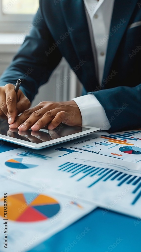 a business man uses tablet to shows marketing. a business man uses tablet to shows marketing.